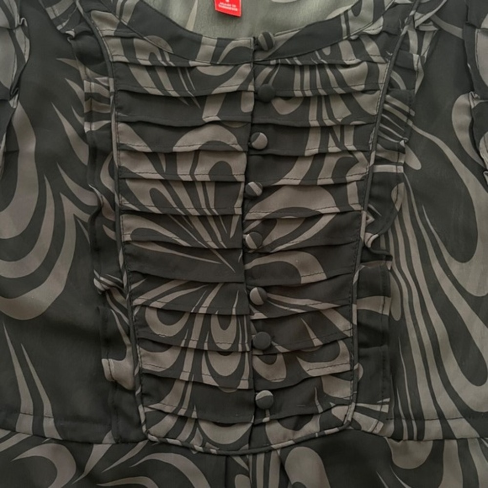 ELLE Women Sheer Ruffle Top Small Black Gray Abstract Pintuck Y2K Chiffon Office
